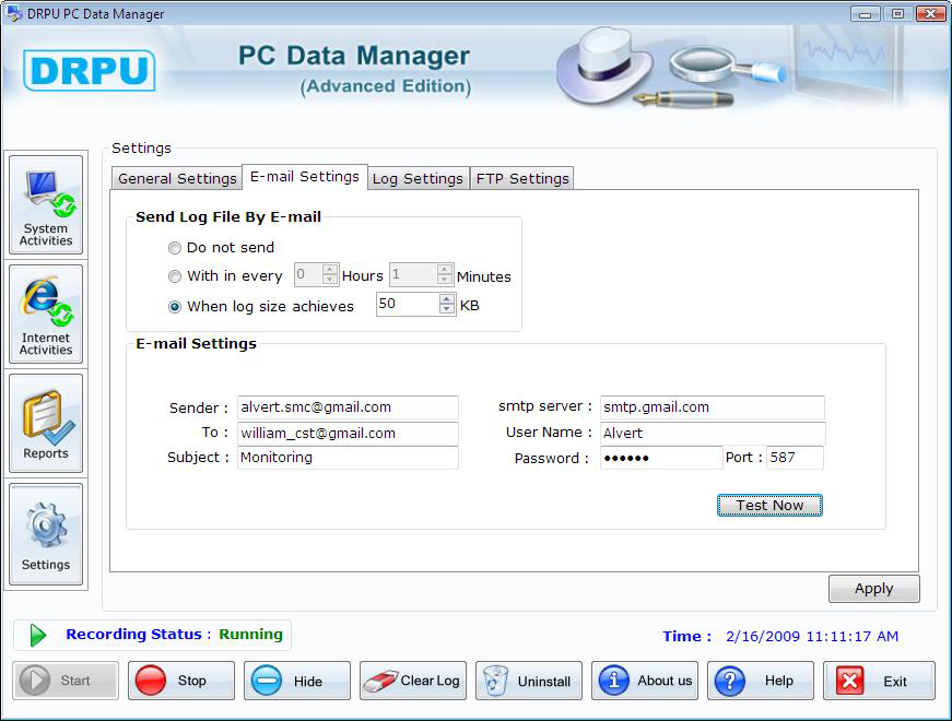 Advance PC data manager Email settings