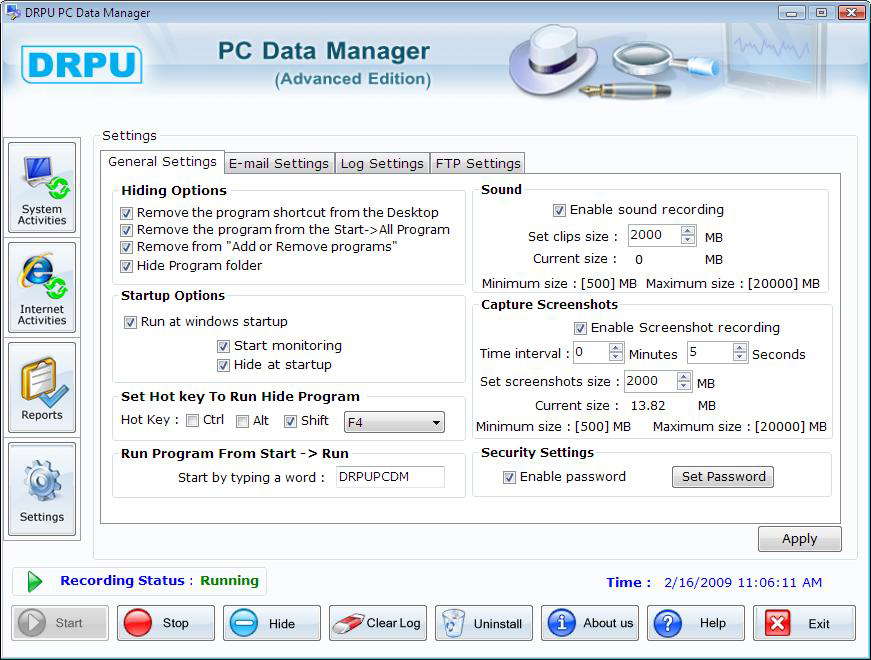 Advance PC data manager general settings